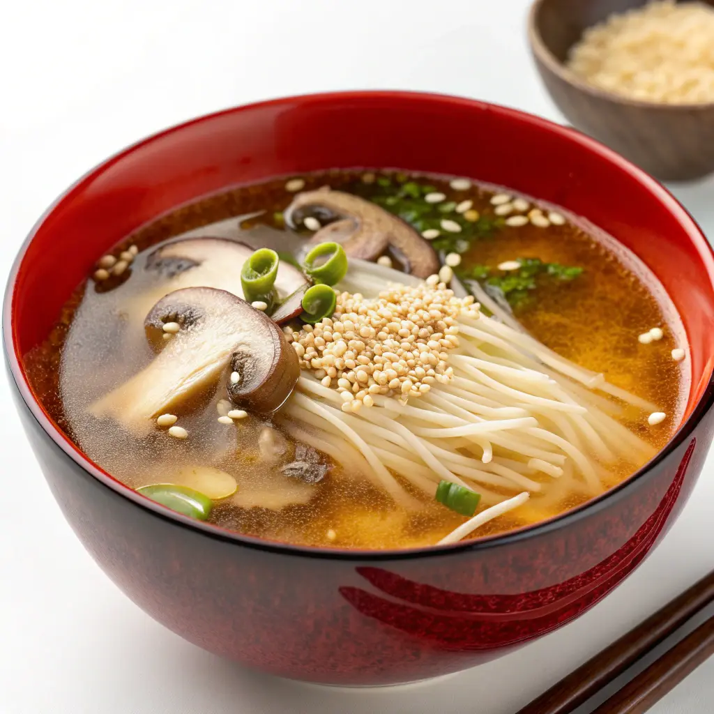 Miso soup with enoki mushrooms and ground sesame in a dark bowl