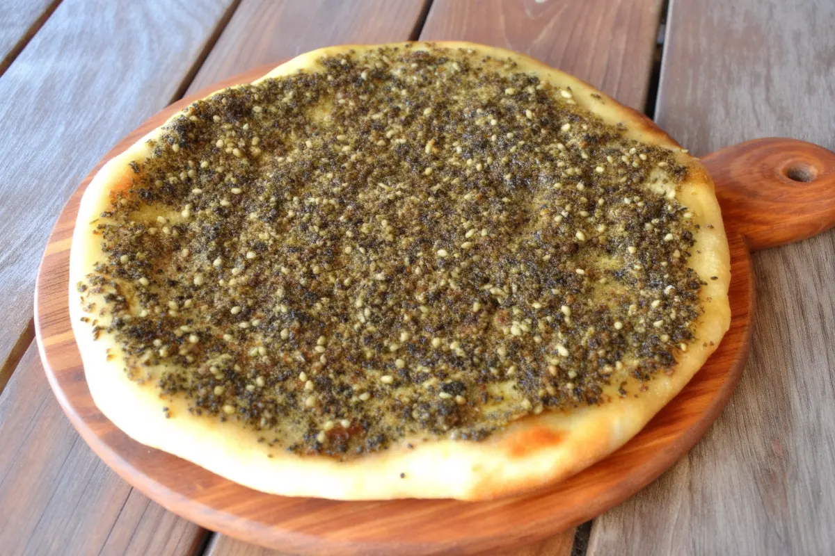 Baladi bread with labneh and zaatar on a serving board