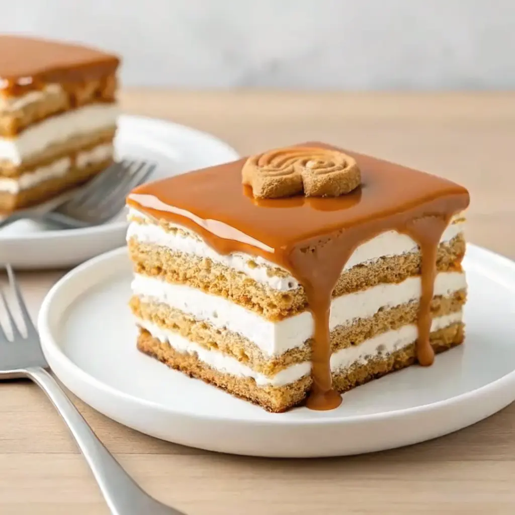 Biscoff icebox cake slices with cookie butter drizzle