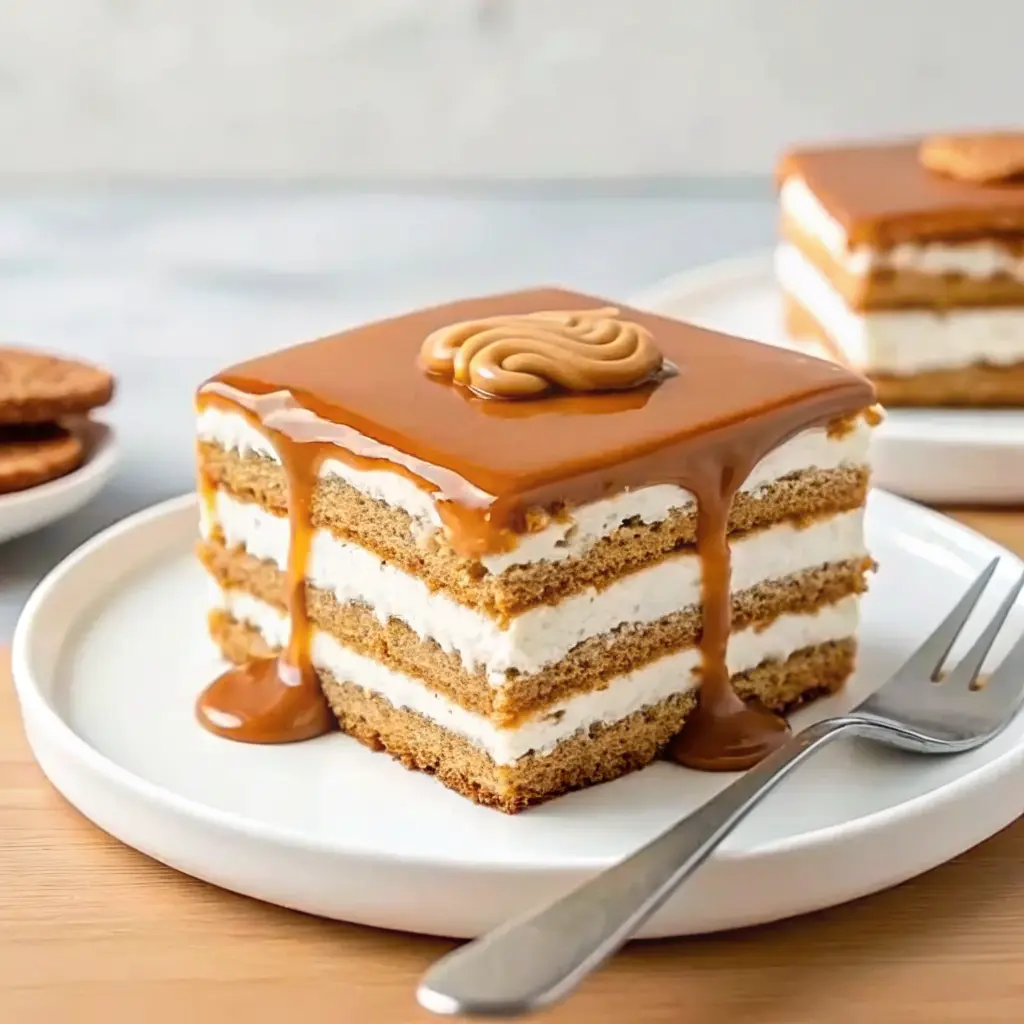 Biscoff icebox cake slices with cookie butter drizzle