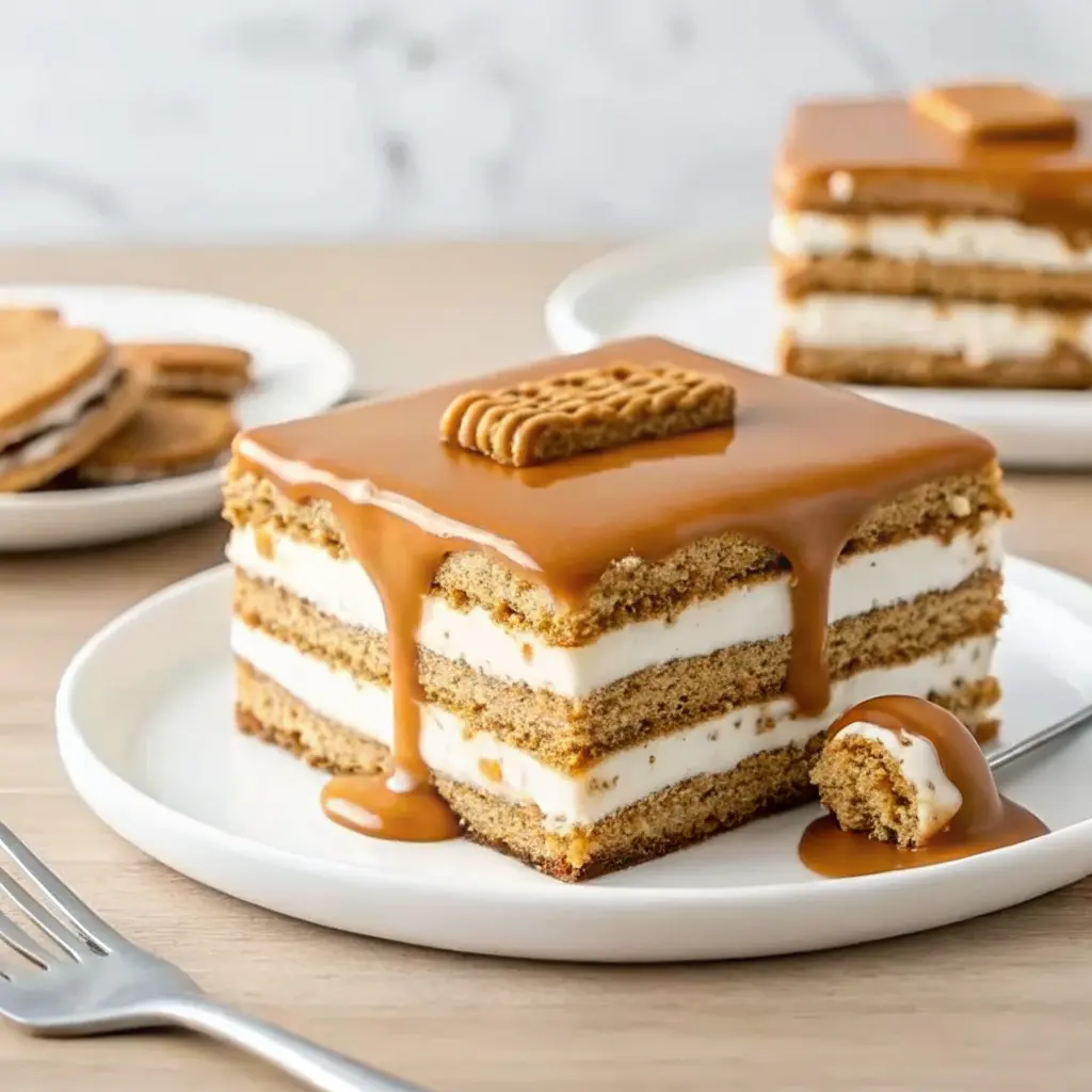 Biscoff icebox cake slices with cookie butter drizzle