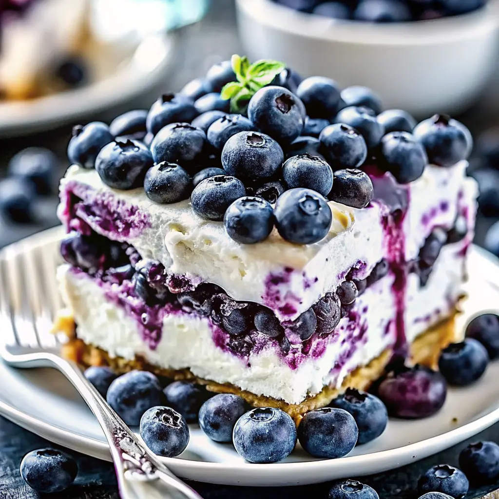 Blueberry Delight Cool Whip Recipe sliced into creamy blueberry squares