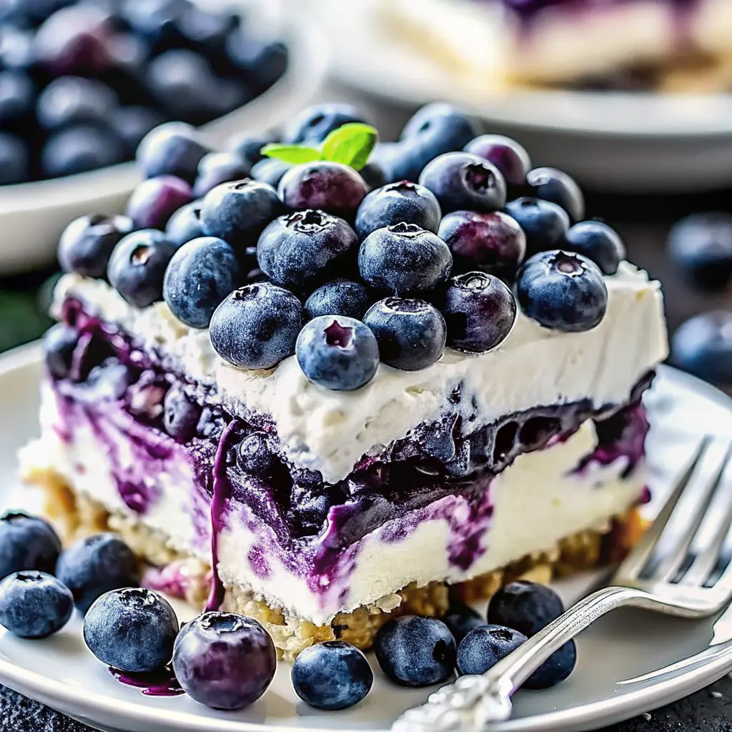Blueberry Delight Cool Whip Recipe sliced into creamy blueberry squares