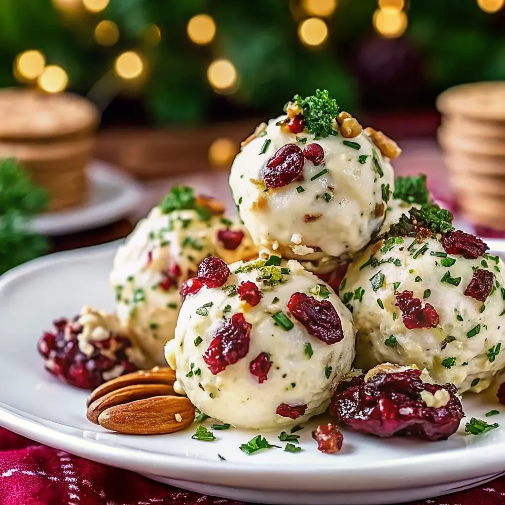 Christmas Cranberry Cheese Ball with Walnuts on a festive serving board