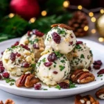 Christmas Cranberry Cheese Ball with Walnuts on a festive serving board