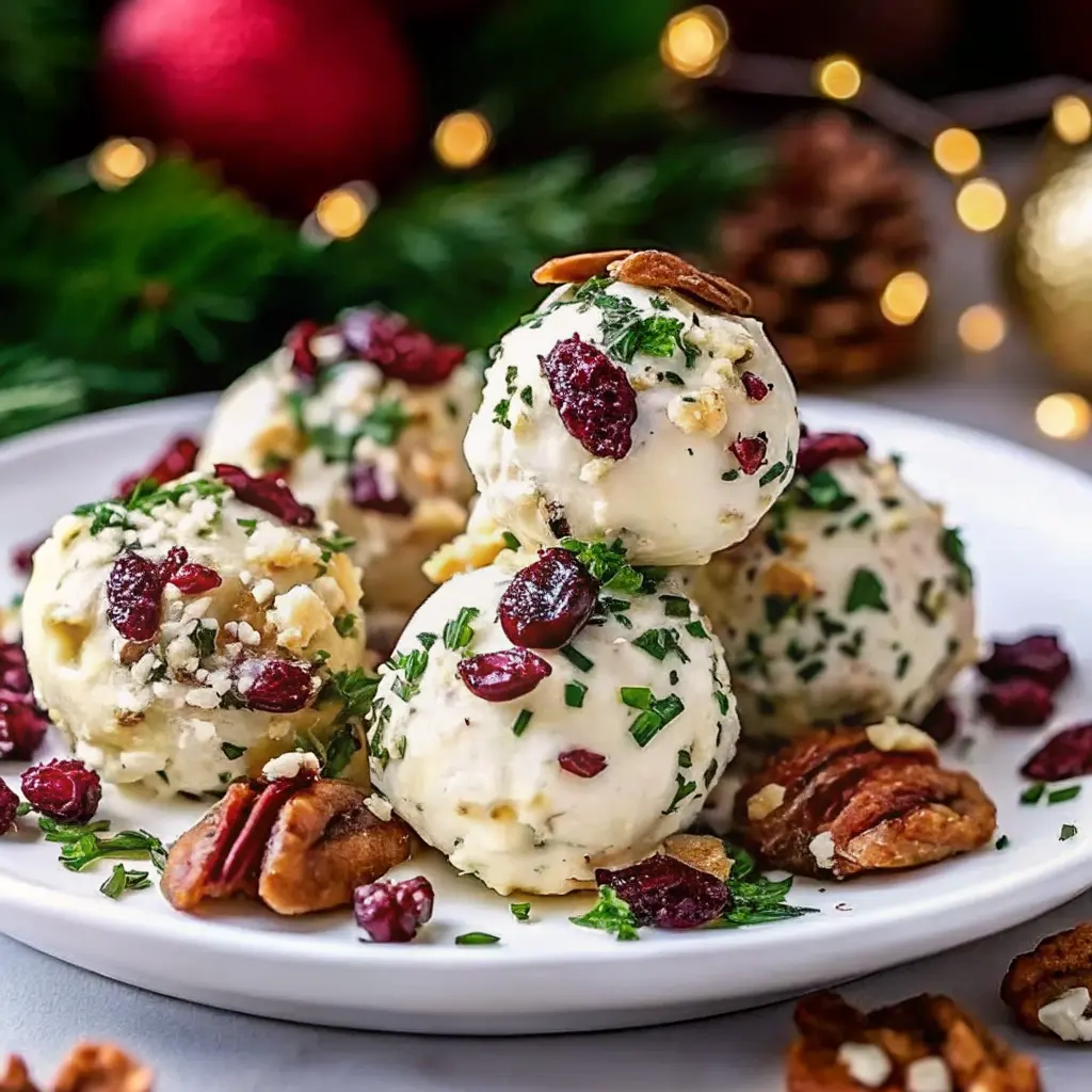 Christmas Cranberry Cheese Ball with Walnuts on a festive serving board