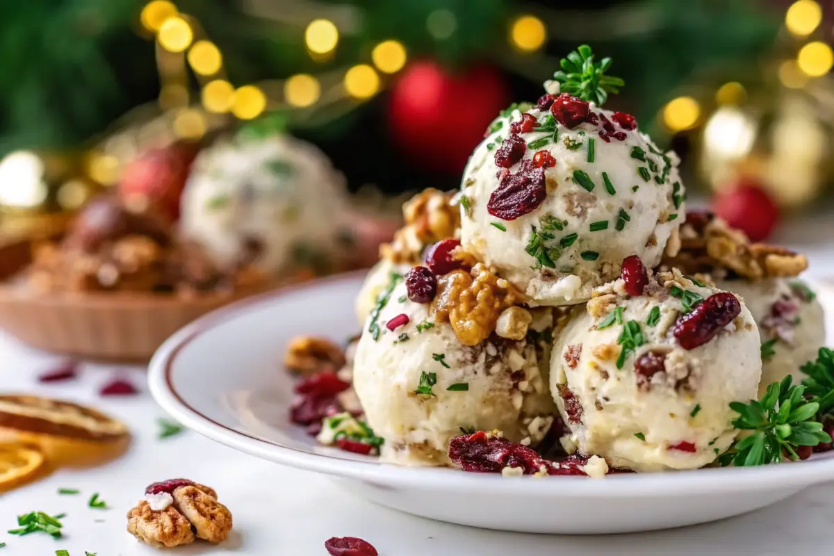 Christmas Cranberry Cheese Ball with Walnuts on a festive serving board