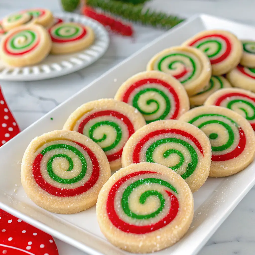 Colorful Christmas pinwheel cookies with red and green swirls on a holiday plate