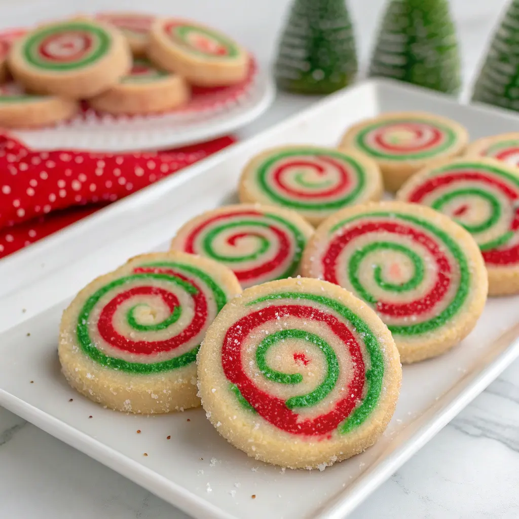 Colorful Christmas pinwheel cookies with red and green swirls on a holiday plate