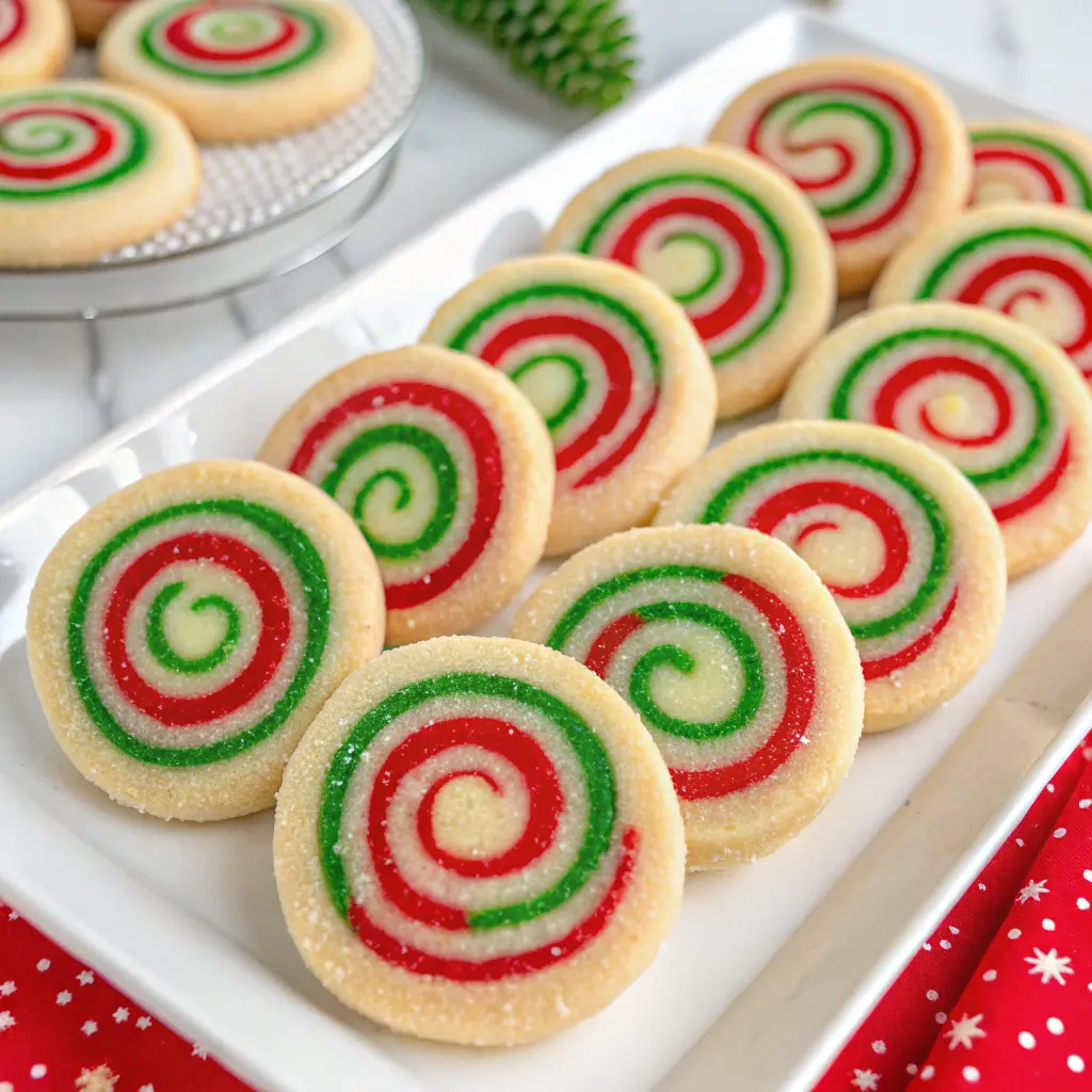 Colorful Christmas pinwheel cookies with red and green swirls on a holiday plate