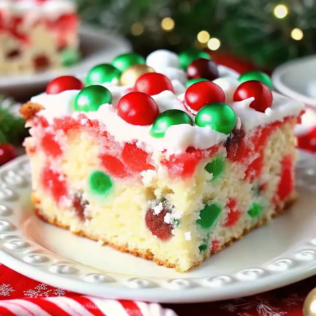 Christmas poke cake with red and green layers topped with whipped cream and festive sprinkles