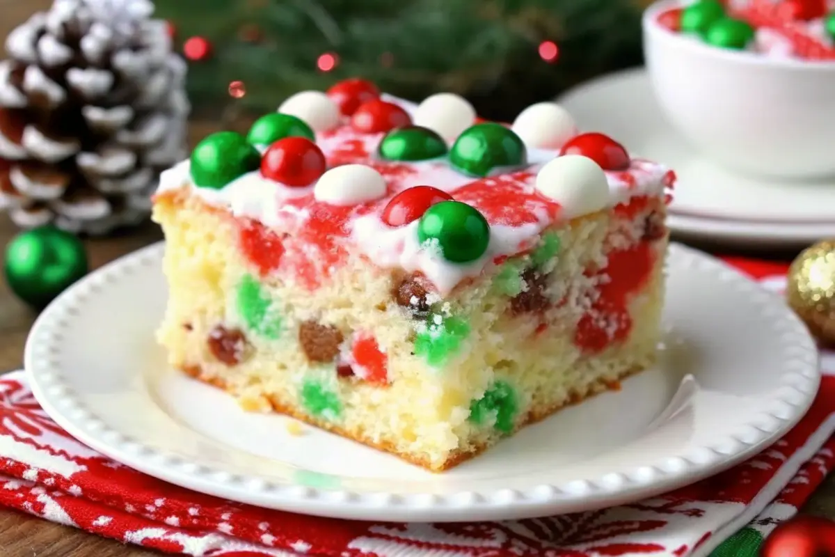 Christmas poke cake Recipe with red and green layers topped with whipped cream and festive sprinkles