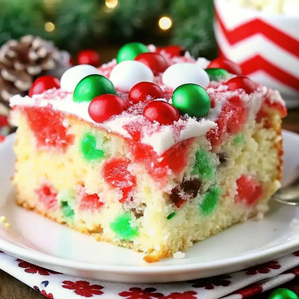 Christmas poke cake with red and green layers topped with whipped cream and festive sprinkles