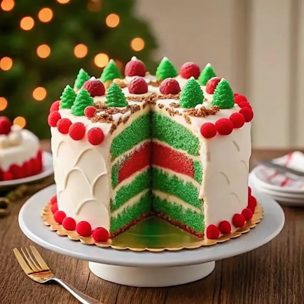Christmas Surprise Inside Cake Recipe with festive hidden design revealed in each slice.