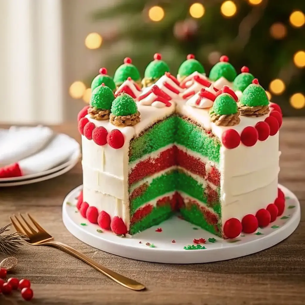 Christmas Surprise Inside Cake Recipe with festive hidden design revealed in each slice.