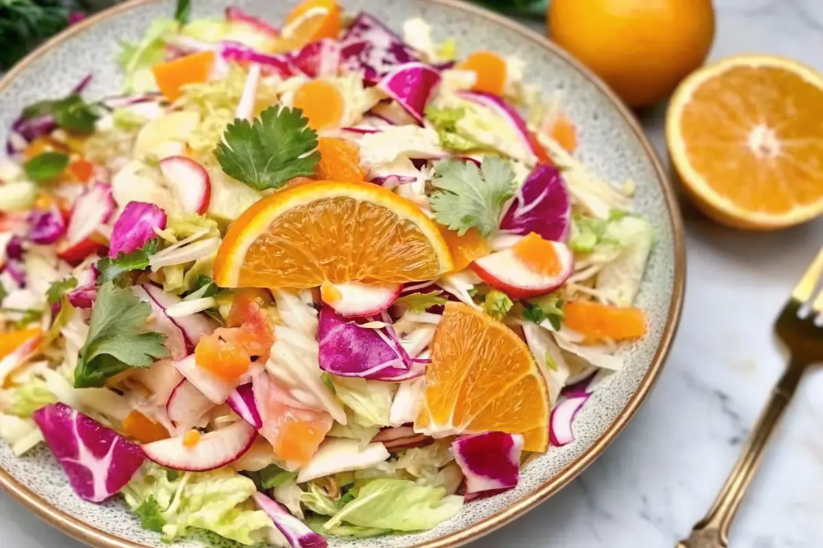 Citrus cabbage salad with oranges and vibrant shredded cabbage in a bowl