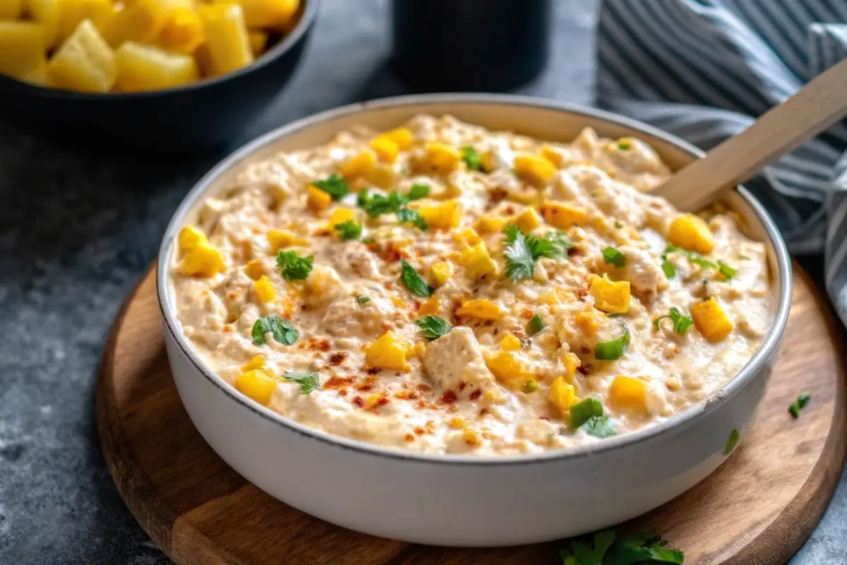 Creamy Banana Pepper Chicken Dip baked until bubbly