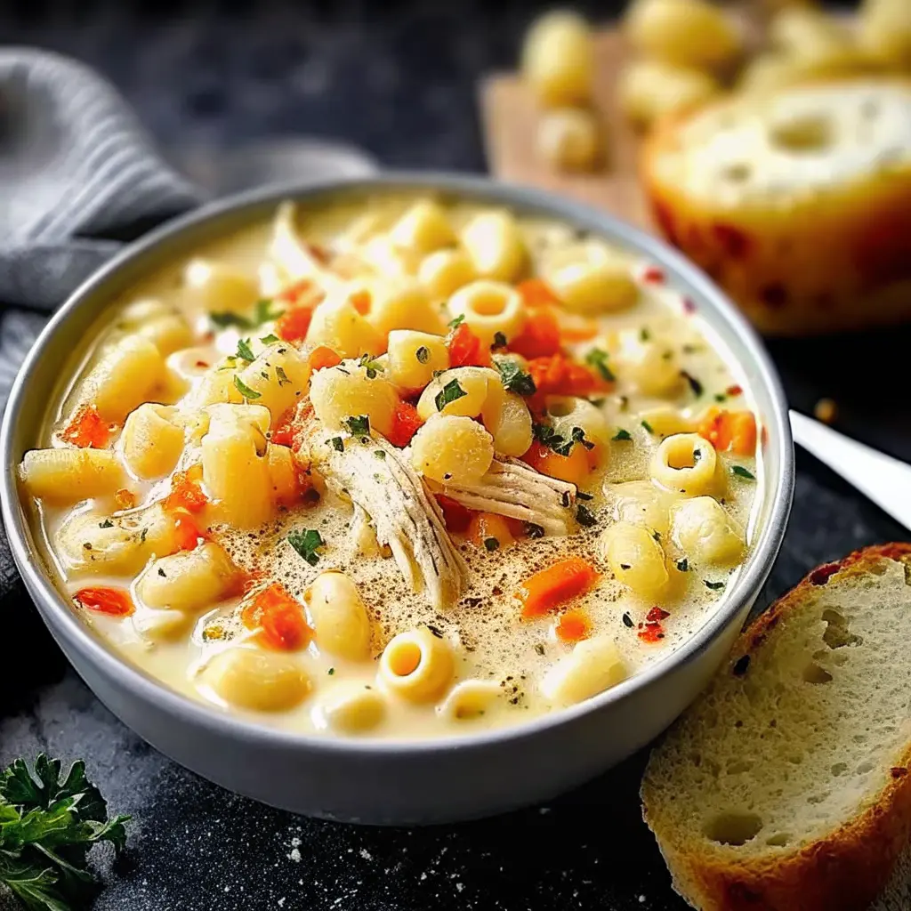 Creamy Chicken Macaroni Cheese Soup in a bowl with tender chicken, pasta, and melty cheese