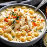Creamy Chicken Macaroni Cheese Soup in a bowl with tender chicken, pasta, and melty cheese