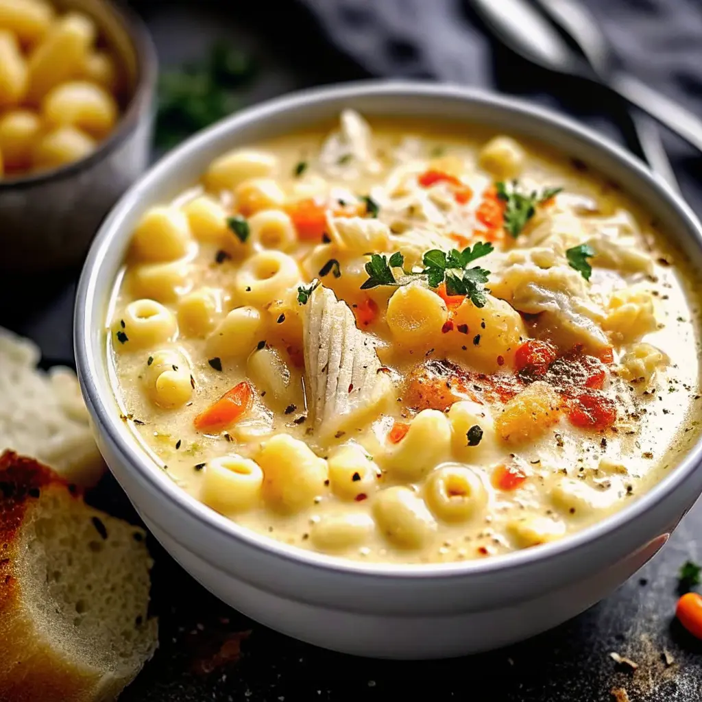 Creamy Chicken Macaroni Cheese Soup in a bowl with tender chicken, pasta, and melty cheese