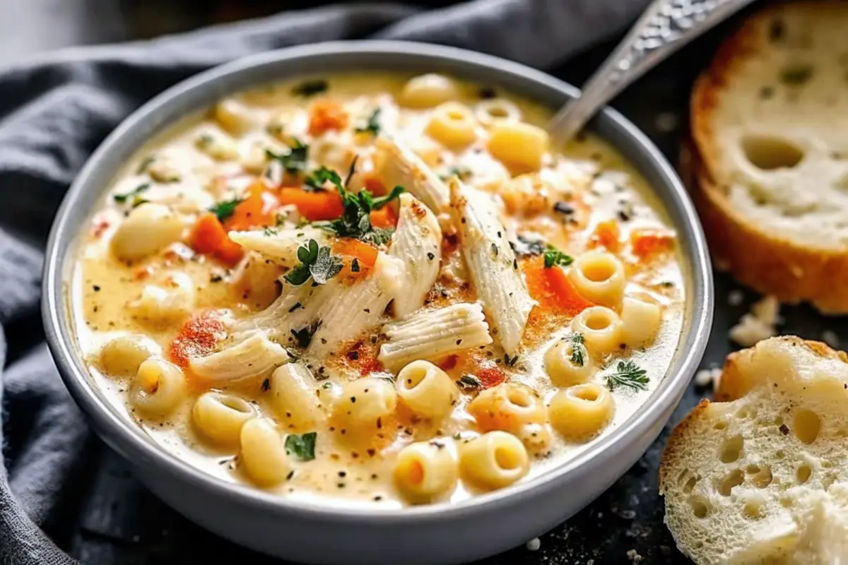 Creamy Chicken Macaroni Cheese Soup in a bowl with tender chicken, pasta, and melty cheese