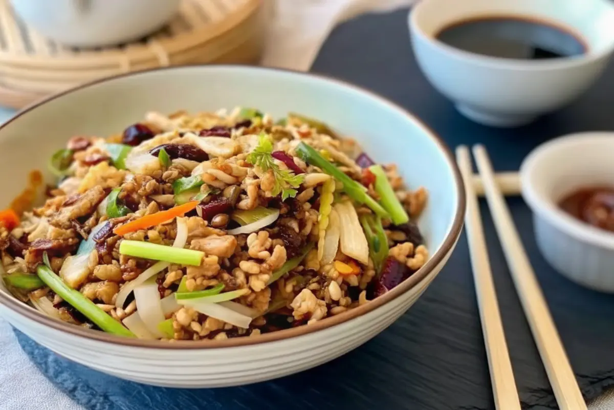 Egg roll in a bowl recipe in a skillet topped with green onions and sesame seeds