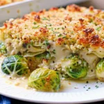 Garlicky creamy Brussels sprouts au gratin in a baking dish with a golden breadcrumb topping
