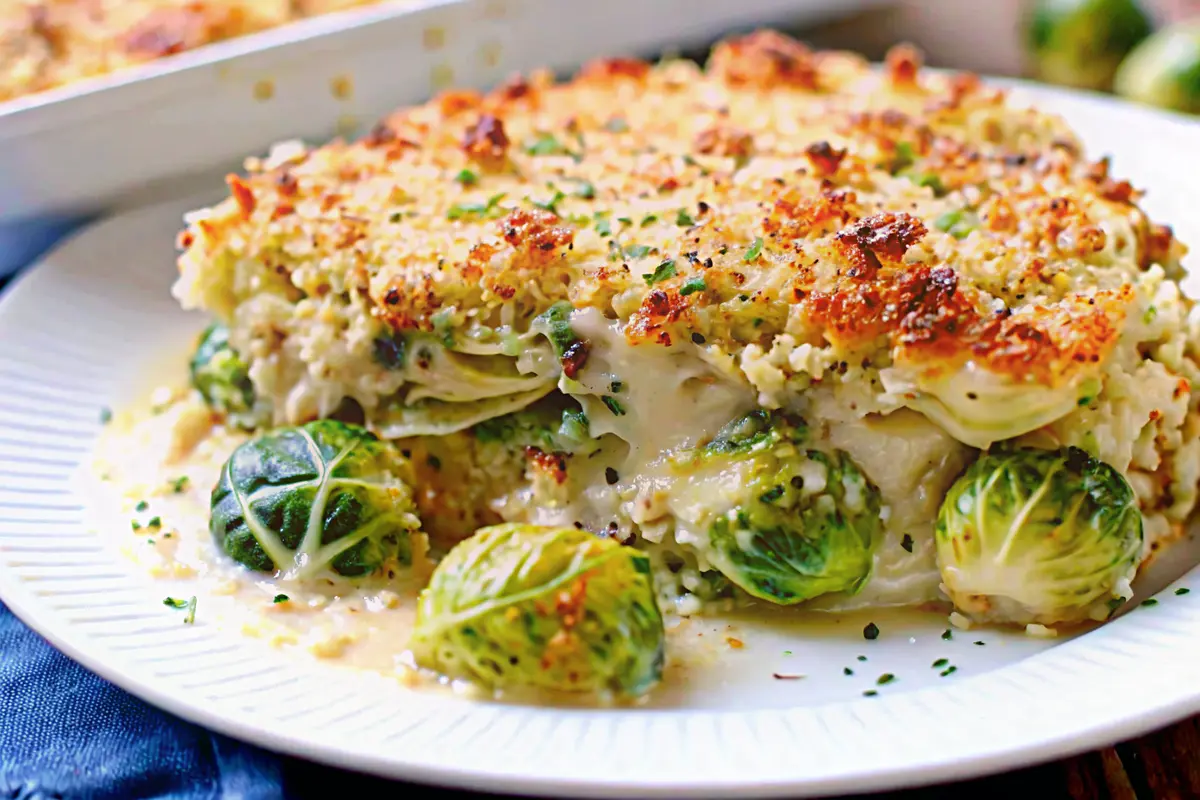 Garlicky creamy Brussels sprouts au gratin in a baking dish with a golden breadcrumb topping
