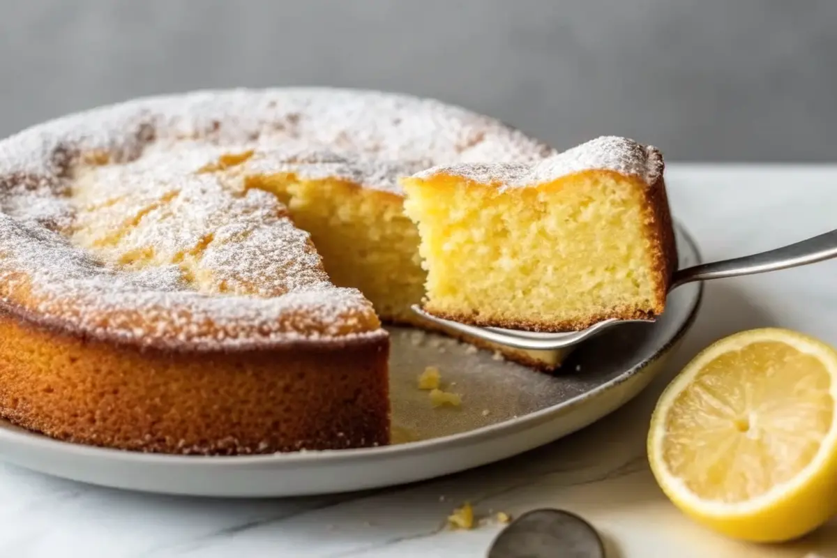 Gooey lemon butter cake squares dusted with powdered sugar