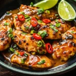 Juicy grilled lemongrass chicken on a plate with rice and fresh herbs