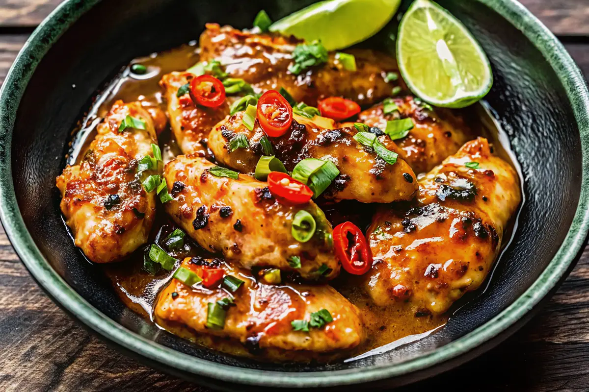 Juicy grilled lemongrass chicken on a plate with rice and fresh herbs