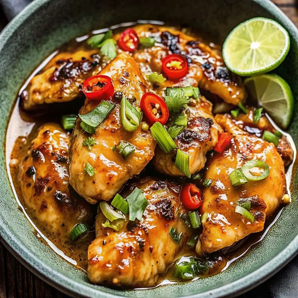 Juicy grilled lemongrass chicken on a plate with rice and fresh herbs
