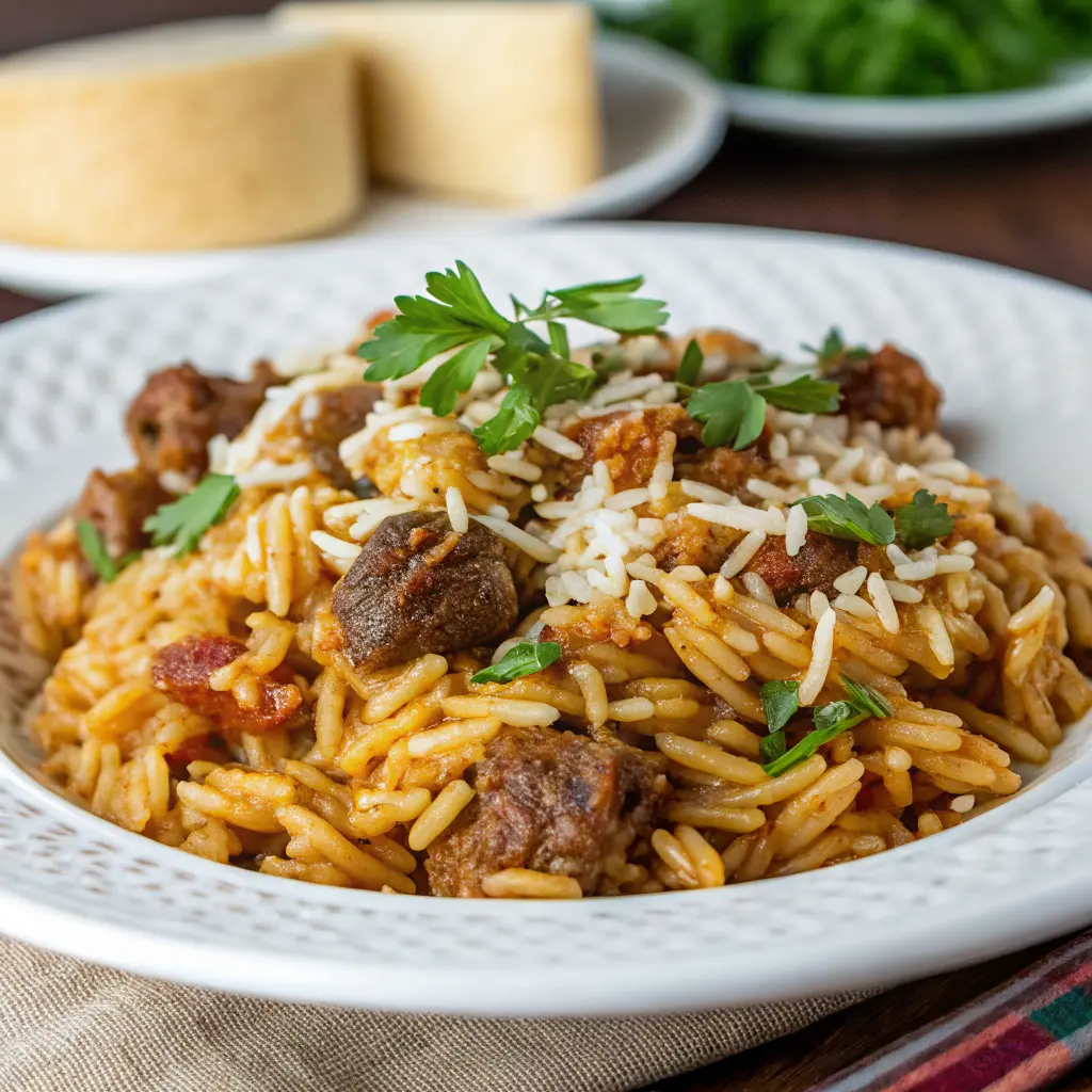 Ground Beef and Orzo in a flavorful one-pot skillet