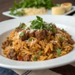 Ground Beef and Orzo in a flavorful one-pot skillet