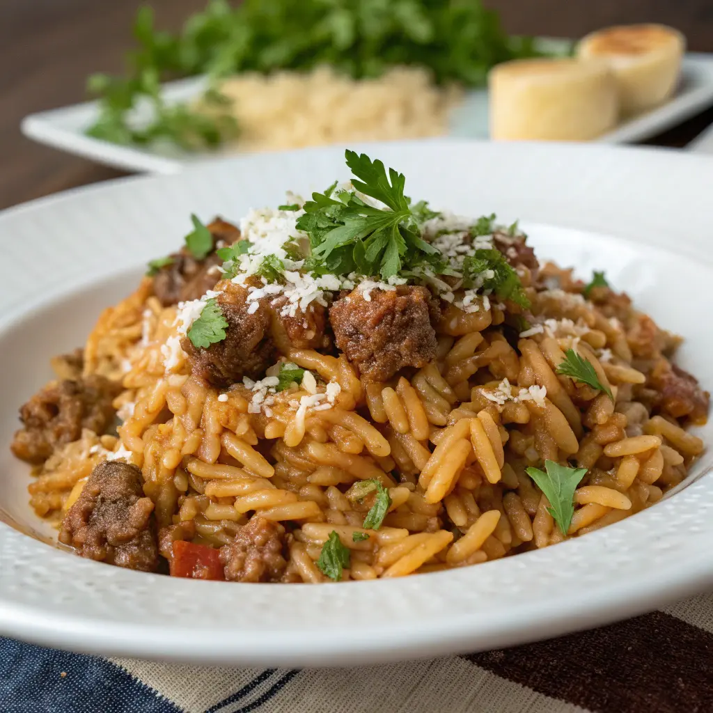 Ground Beef and Orzo in a flavorful one-pot skillet