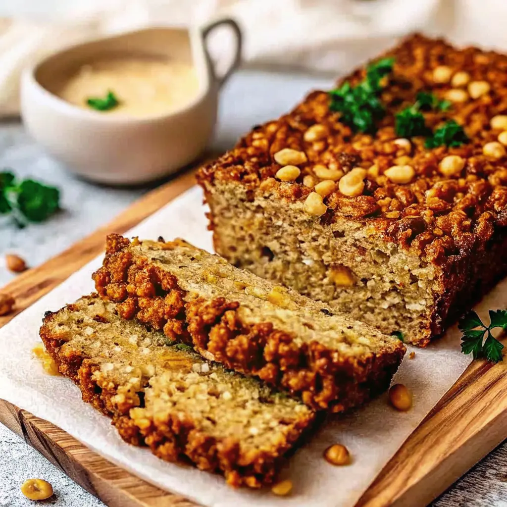 Herb-Roasted Nut Loaf sliced on a serving platter