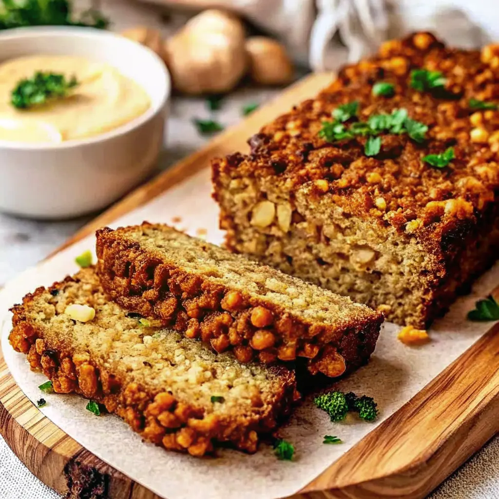 Herb-Roasted Nut Loaf sliced on a serving platter