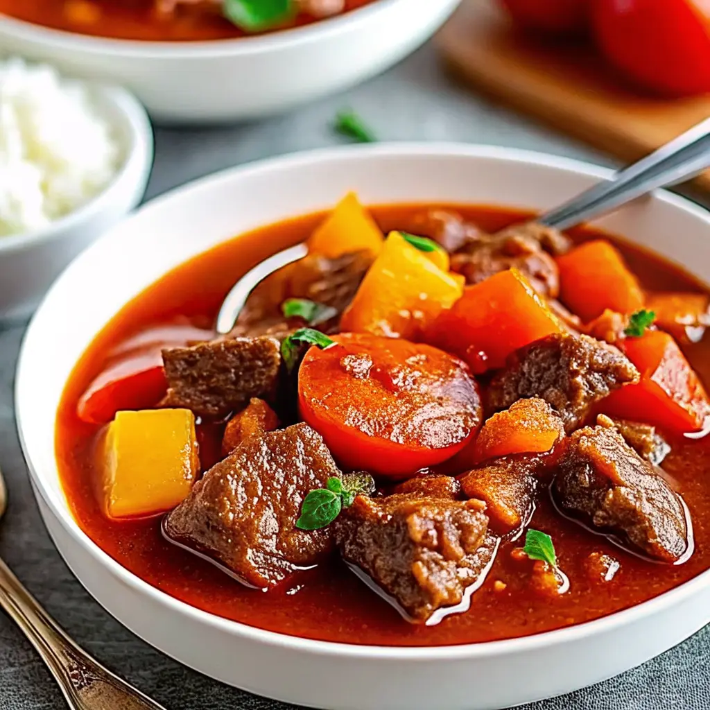 Juicy Filipino Beef Stew Recipe served with rice in a bowl