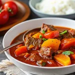 Juicy Filipino Beef Stew Recipe served with rice in a bowl