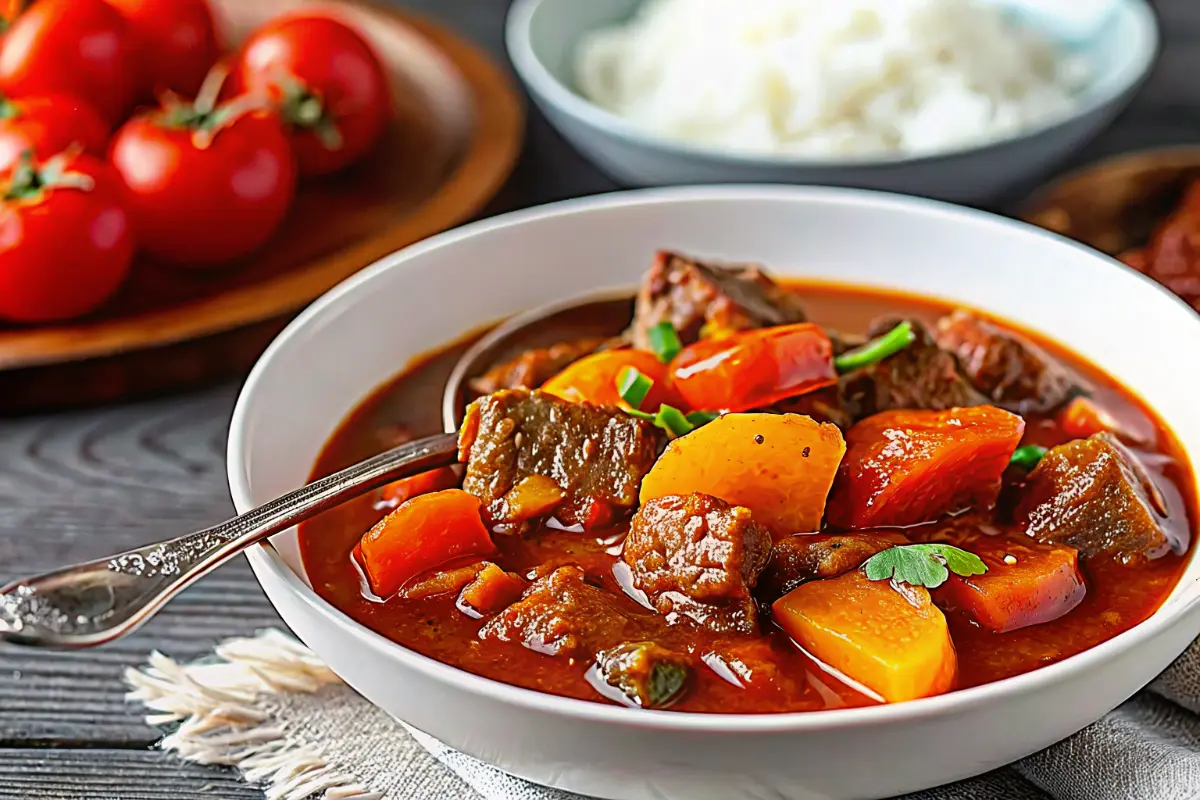 Juicy Filipino Beef Stew Recipe served with rice in a bowl