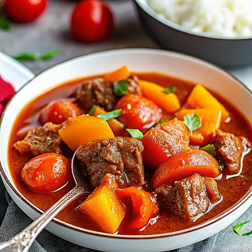 Juicy Filipino Beef Stew Recipe served with rice in a bowl