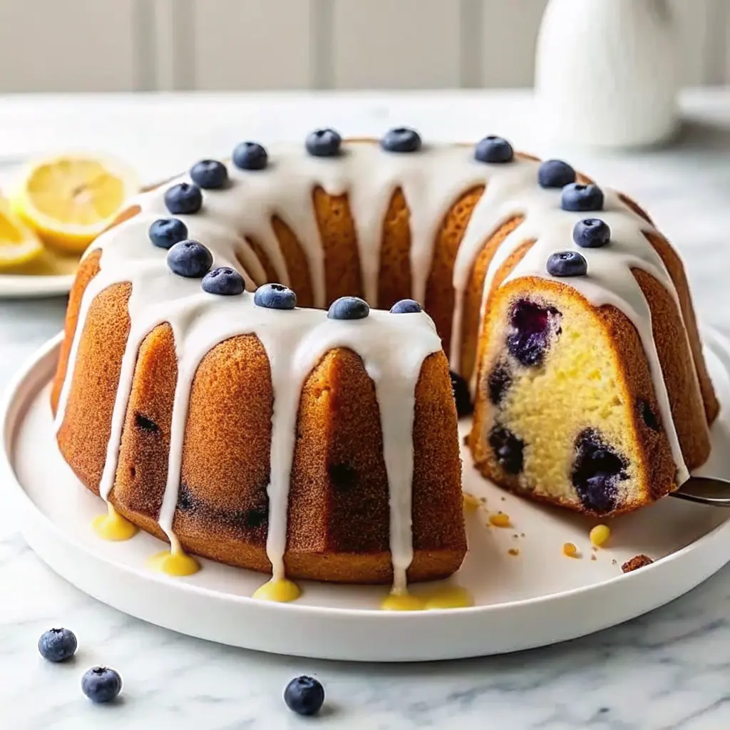Lemon Blueberry Bundt Cake with lemon glaze on a cake stand