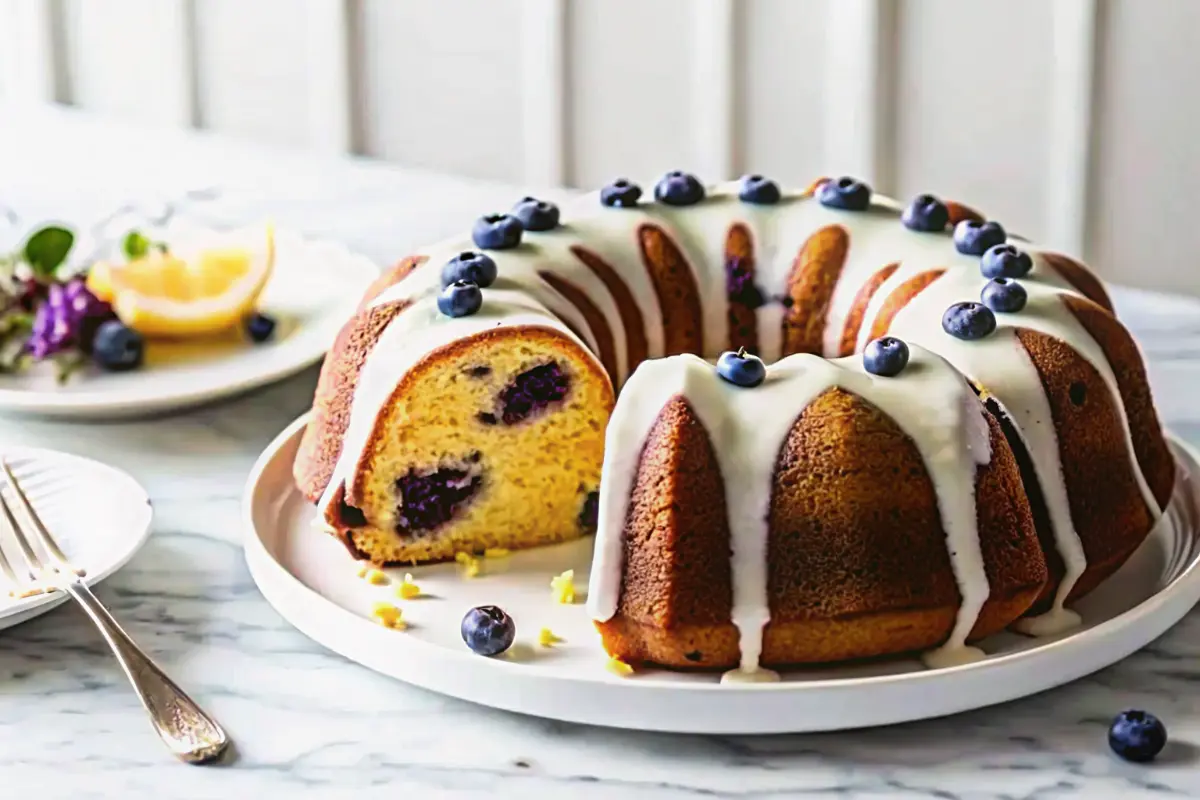 Lemon Blueberry Bundt Cake with lemon glaze on a cake stand