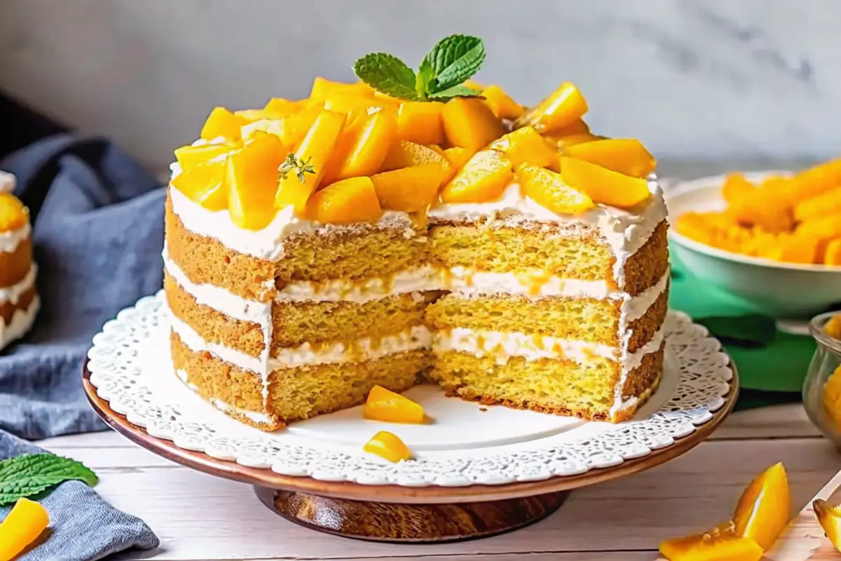 Mango Royale Layer Cake with creamy layers and fresh mango slices