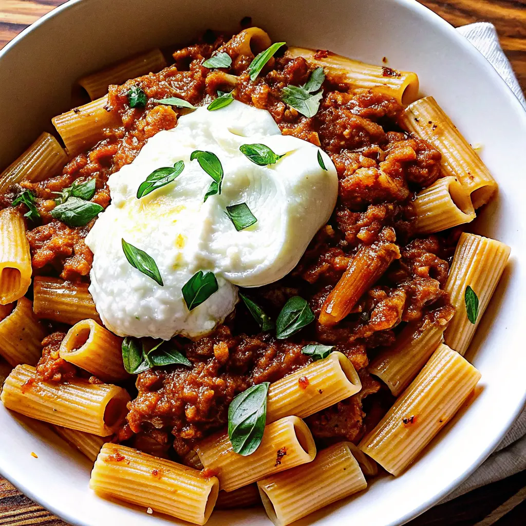 Meat Sauce Pasta with Burrata served with fresh basil