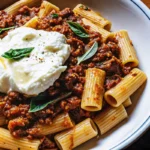 Meat Sauce Pasta with Burrata served with fresh basil