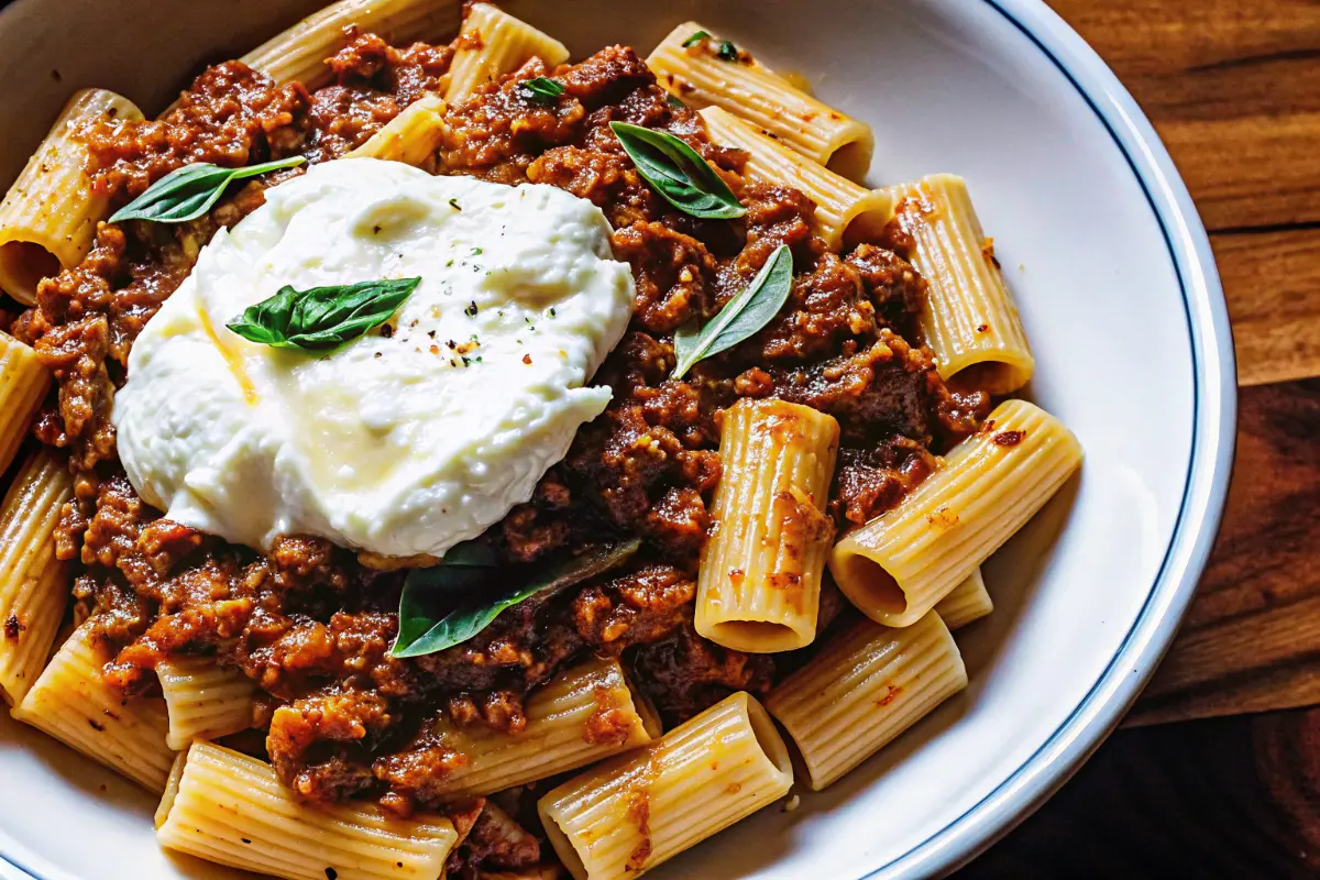 Meat Sauce Pasta with Burrata served with fresh basil