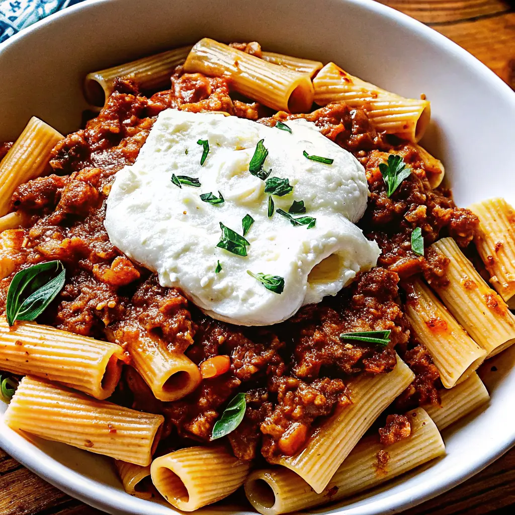 Meat Sauce Pasta with Burrata served with fresh basil