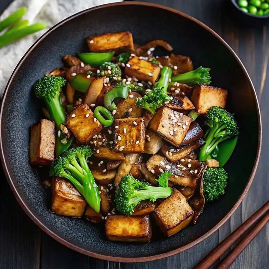 Mushroom and tofu stir-fry in a wok with vegetables and glossy sauce