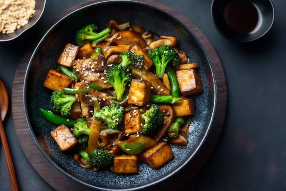 Mushroom and tofu stir-fry in a wok with vegetables and glossy sauce